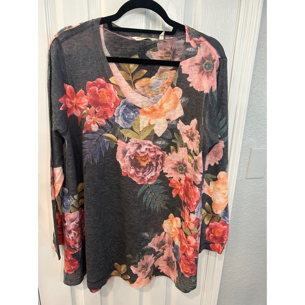 Soft Surroundings Long Sleeve Top Grey Floral V-Neck Knit Pullover XL